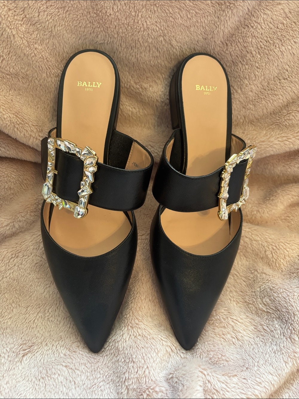 Bally Black Leather Pointed Mule with Crystal Gold Buckle